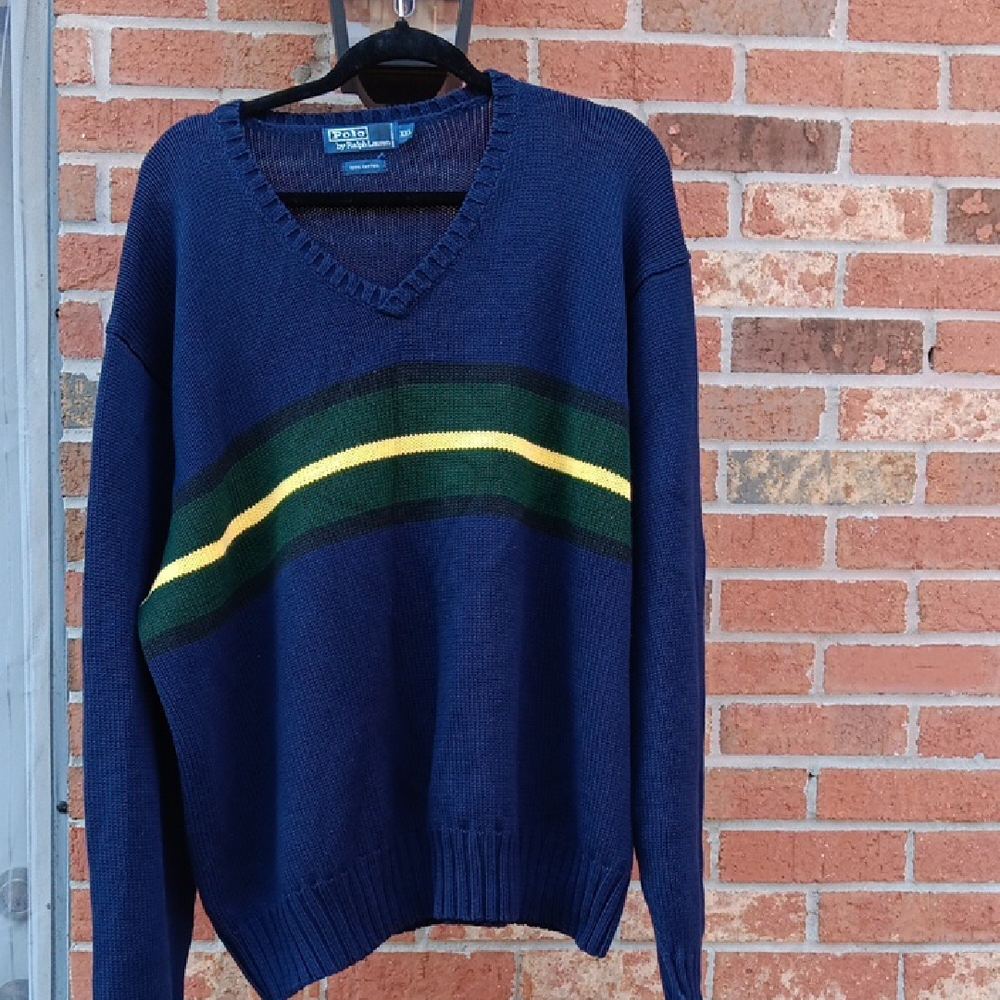 Polo Ralph Lauren Navy V-Neck Sweater with Green and Yellow Stripes